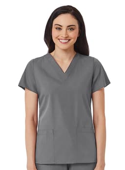 A women's v-neck top in grey, featuring short sleeves and two front pockets, modelled by a smiling woman.