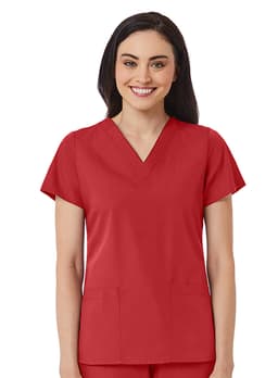 A red women's V-neck top with short sleeves and two front pockets. The model features a smiling expression.