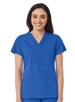 A person wearing a V-neck top in bright blue with short sleeves and two front pockets. The top has a logo.