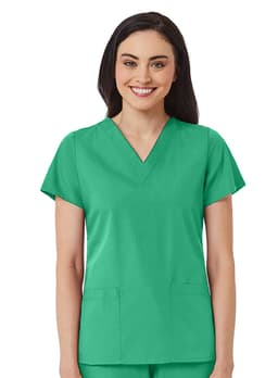 A women's v-neck top in a vibrant green colour, featuring short sleeves and two front pockets.