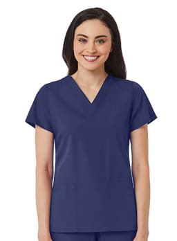 A woman wears a navy blue V-neck top with short sleeves, featuring two front pockets. The image includes a logo.