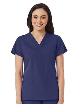 A navy women's V-neck top with short sleeves and two front pockets, featuring branding.