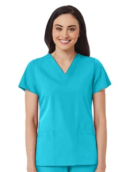 A women's V-neck top in turquoise, featuring short sleeves and two front pockets. The design includes a logo.