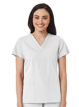 A women's V-neck top in light grey, featuring short sleeves and two front pockets. It has a logo on the chest.