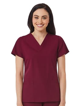 A women's v-neck top in burgundy, featuring short sleeves and a relaxed fit with two front pockets.