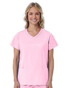 A pink women's mock wrap scrub top featuring short sleeves and two front pockets, with a logo on the fabric.
