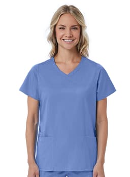 A blue mock wrap top for women, featuring short sleeves and two front pockets, displayed on a model.