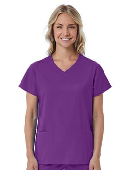 A women's mock wrap top in vibrant purple, featuring short sleeves and two front pockets.