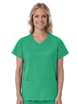 A green women's mock wrap top featuring short sleeves and two front pockets. It has a logo on the chest area.