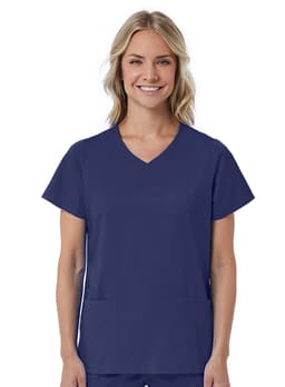 A women's mock wrap top in navy blue with short sleeves and two front pockets, featuring a logo.