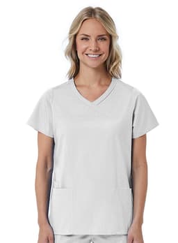 A mock wrap top in light grey, featuring short sleeves and two front pockets, worn by a smiling woman.