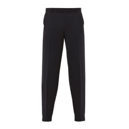 A pair of dark navy trousers featuring a straight leg design and side pockets, with a logo present.