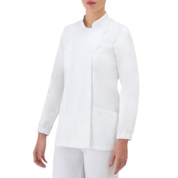 A white Amanda Tunic featuring long sleeves, a stand-up collar, and side pockets. The model is wearing it.
