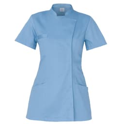 A light blue tunic with short sleeves, a mandarin collar, and two front pockets. It has a logo on the label.