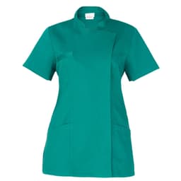 A teal tunic featuring a mandarin collar, short sleeves, and front pockets. It has a logo on the label.