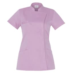 A pink Tati Tunic featuring short sleeves and two front pockets, with a mandarin collar and a logo.