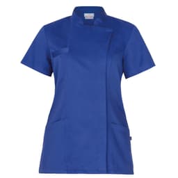 A blue tunic with short sleeves, featuring a front overlay and two side pockets. It has a logo on the collar.