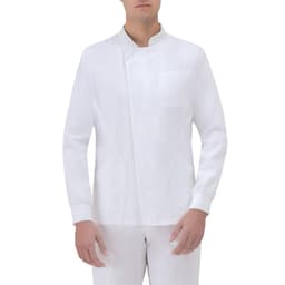 A white tunic featuring a Mandarin collar and a single chest pocket, designed for professional wear.
