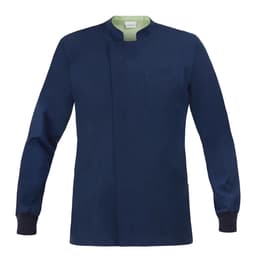 A navy tunic with a high collar, long sleeves, and a front pocket, featuring a contrasting inner lining.