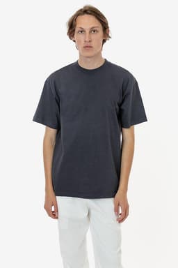 A crewneck t-shirt in a dark grey colour, featuring short sleeves and a simple design. It has a logo on the front.