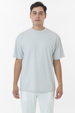 A short sleeve crewneck tee in a light grey colour, featuring a simple design and a logo.