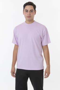 A short sleeve crewneck tee in a light purple colour, displayed on a model with a neutral background.