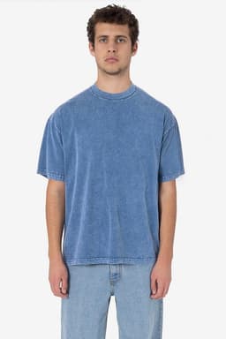 A blue mineral wash crew tee for men with a relaxed fit and short sleeves, displayed on a model.
