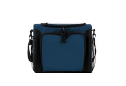 A blue cooler bag with black accents, featuring a zippered top and mesh side pockets. It has a logo on the front.