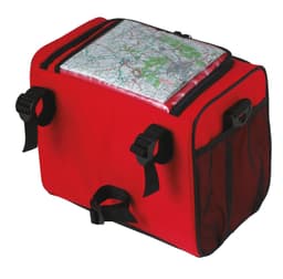 A red cooler bag featuring a map on the top, with black straps and mesh side panels. It has a logo on the front.
