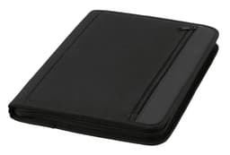 A black conference folder with a zipped compartment, designed for organising documents and notes.