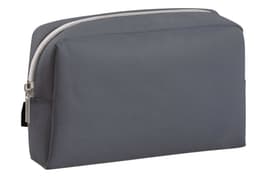 A grey zipper bag with a solid construction and a silver zipper, featuring a branding logo.
