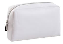 A white zippered bag with a rectangular shape and a black tab, featuring a logo on one side.