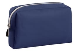 A navy zipper bag with a solid design and a silver zip, featuring a logo on one side.