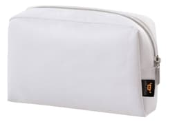 A white zipper bag with a smooth surface and a logo on the side, featuring a zip closure.