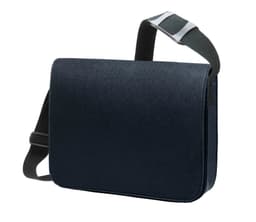 A navy blue courier bag with a flap and an adjustable strap, featuring a logo on the front.