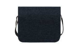 A dark grey courier bag with a flap closure and an adjustable shoulder strap. Features a logo.