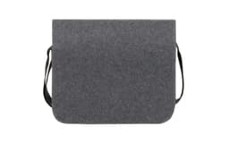 A grey satchel bag made of felt material with a black adjustable strap and a logo on it.