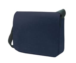 A navy blue messenger bag with a shoulder strap and a smooth finish. It includes a logo on the front.