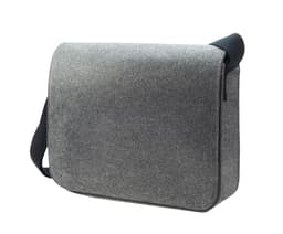 A grey satchel bag with a flap closure and an adjustable strap, featuring a logo on the front.