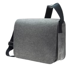 A grey satchel bag with a shoulder strap and a simple design. It features a logo on the front.