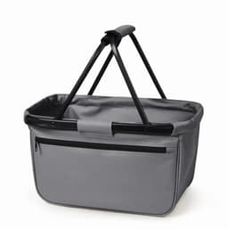 A grey shopping basket with black handles and a zippered front pocket. It has a sturdy design for carrying items.