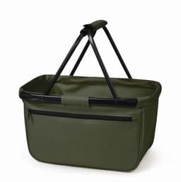 A green fabric shopping basket with black handles and a zippered pocket. It has a logo on one side.