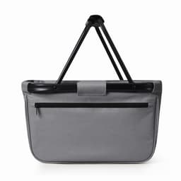 A grey shopping bag with a black handle and a zippered pocket on the back, featuring a branding logo.