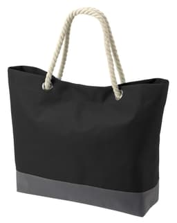 A black tote bag with a grey bottom and rope handles, featuring a branding logo.