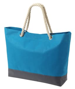 A large blue bag with a grey bottom and rope handles, featuring a logo on the front.
