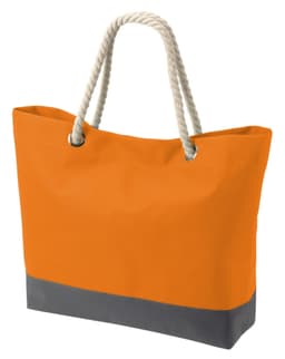 An orange tote bag with a grey bottom and rope handles. Features a logo.