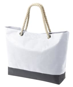 A white tote bag with a black base and rope handles. It features a logo on the front.
