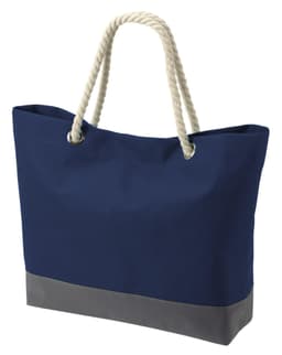 A navy blue tote bag with a grey bottom and rope handles. The bag features a logo on its side.