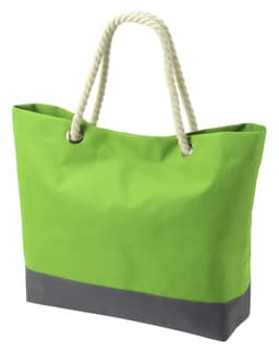 A large green tote bag with a grey bottom and rope handles, featuring a simple design.