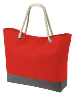 A red tote bag with a grey bottom and rope handles, featuring a logo on the side.
